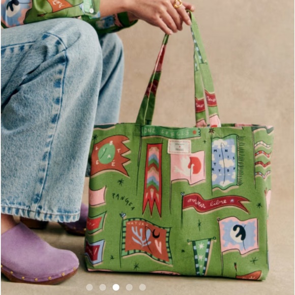 Sezane Bags Sezane X Pangea Pierre Green And White Flag Bag Poshmark